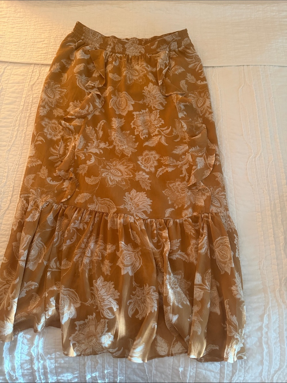 LOFT Rust Brown Floral Ruffle Midi Skirt